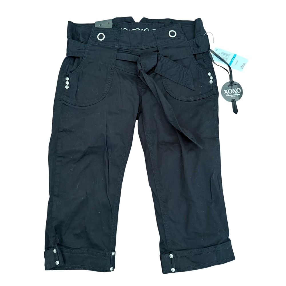 XOXO Premium Edition Black Cargo‎ Capri Pants Tie Waist Cropped Size 5/6 Y2K